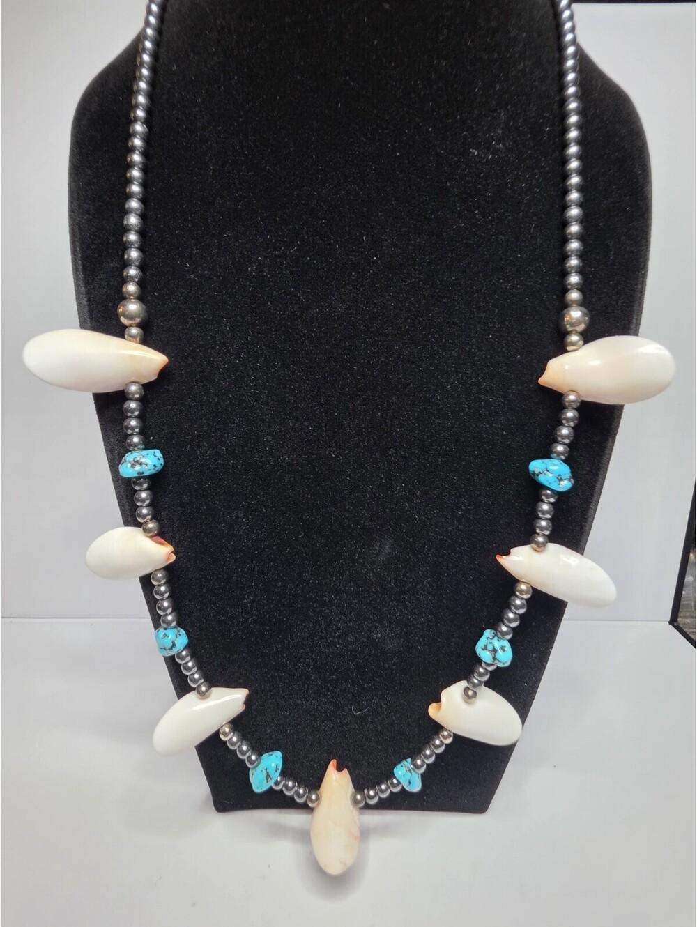 Vintage Southwest Cowrie Shell & Turquoise Nugget Necklace 26"